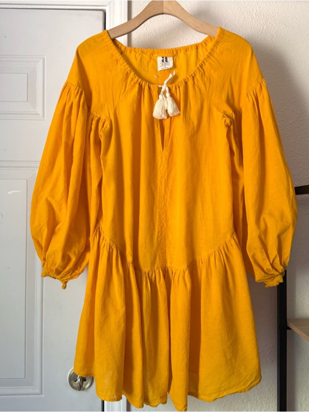 AISH yellow cotton prairie cottage long puff sleeve mini dress
